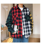 LAPPSTER Oversized Cotton Plaid Shirt  Man Hip Hop Patchwork  Long Sleeve Shirt