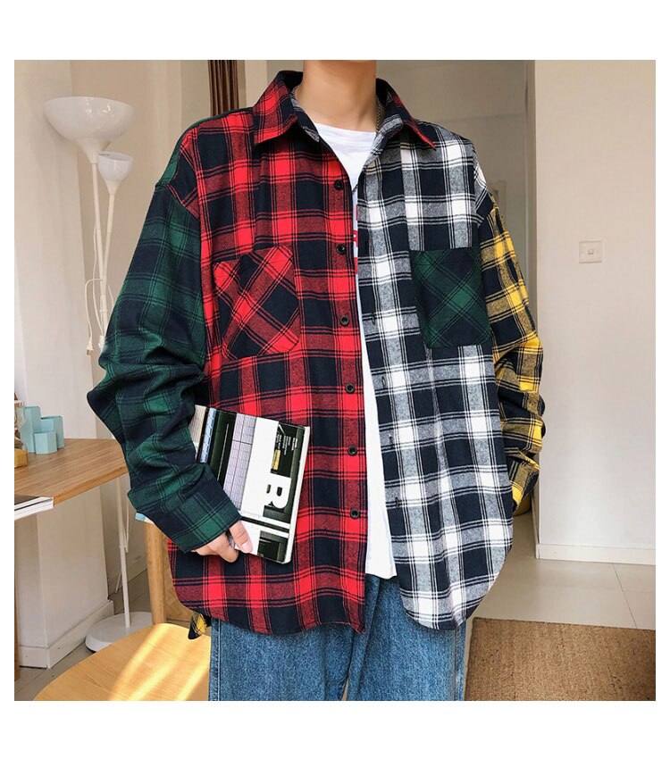 LAPPSTER Oversized Cotton Plaid Shirt  Man Hip Hop Patchwork  Long Sleeve Shirt