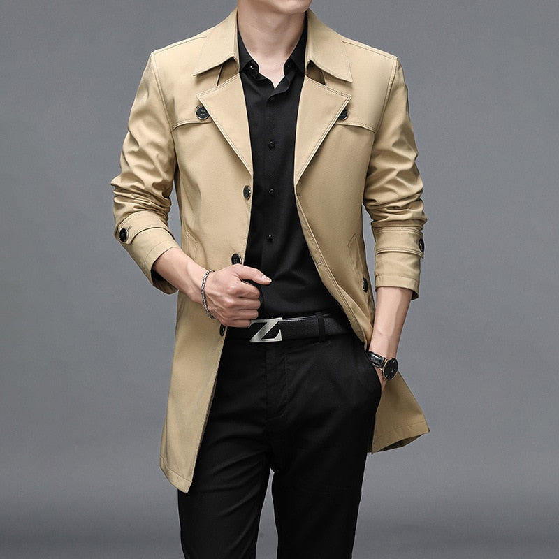 Long Trench Coats Superior Quality Buttons Male Fashion Outerwear