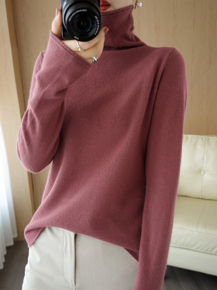 Pure Wool Sweater Woman High Neck Pullover Cashmere Sweater