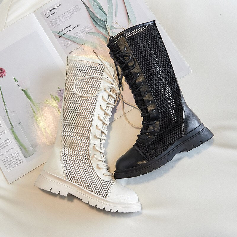 Summer Autumn Girls Knee-high Boots Roman Cross-tied Flat With Fashion