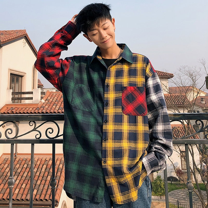 LAPPSTER Oversized Cotton Plaid Shirt  Man Hip Hop Patchwork  Long Sleeve Shirt