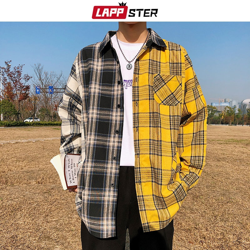 LAPPSTER Oversized Cotton Plaid Shirt  Man Hip Hop Patchwork  Long Sleeve Shirt