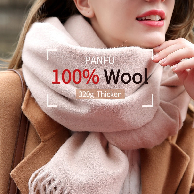 Pure Wool Beige Scarf: Tassel Neck Warmer