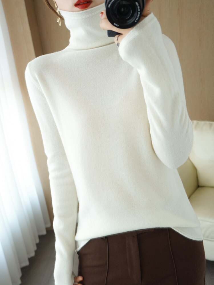 Pure Wool Sweater Woman High Neck Pullover Cashmere Sweater