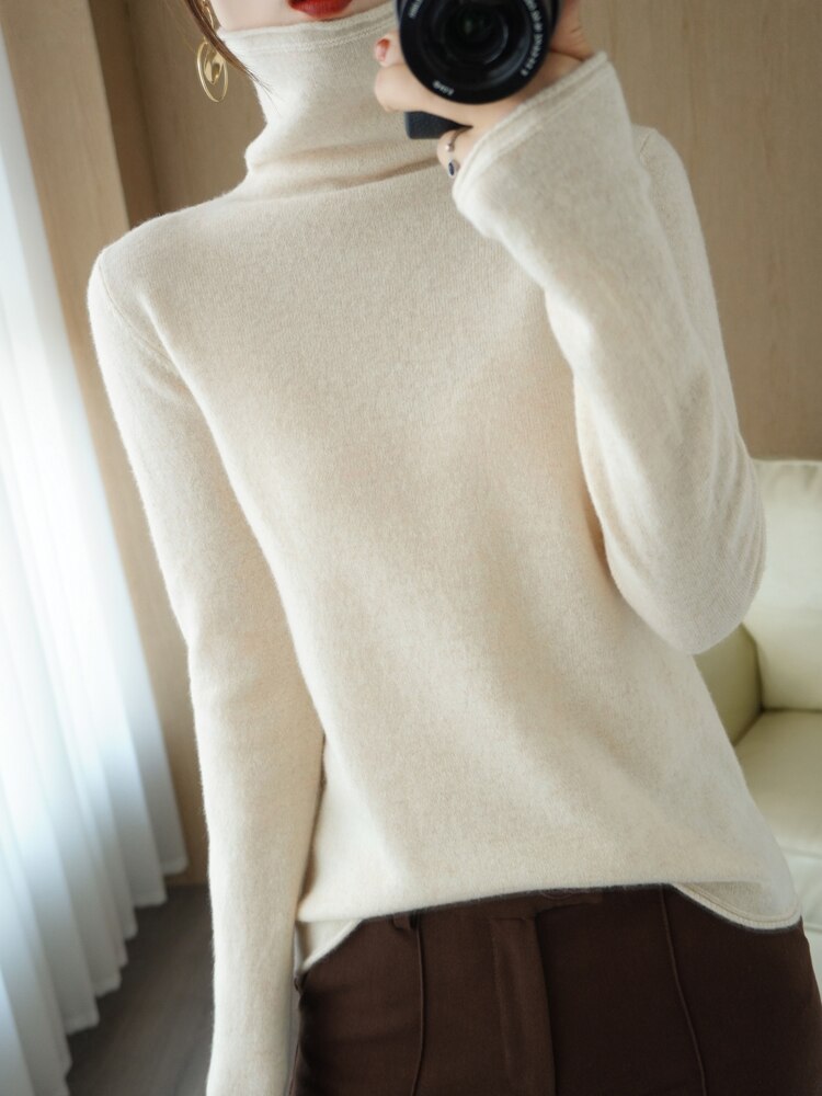 Pure Wool Sweater Woman High Neck Pullover Cashmere Sweater