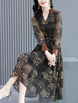 Black Floral Chiffon V-Neck Midi Dress