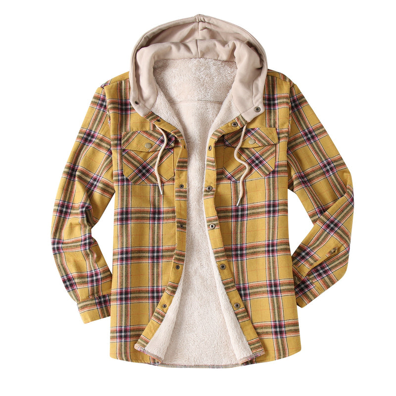 Casual Hooded Plaid  Flannel Shirt Jacket For  Winter Thick Velvet Lined