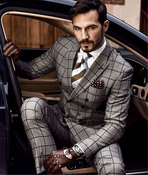 Formal Grey Plaid Double Breasted Wedding Tuxedo, Business suit,  Best Man Prom Blazer 2 Piece Set Terno Masculino