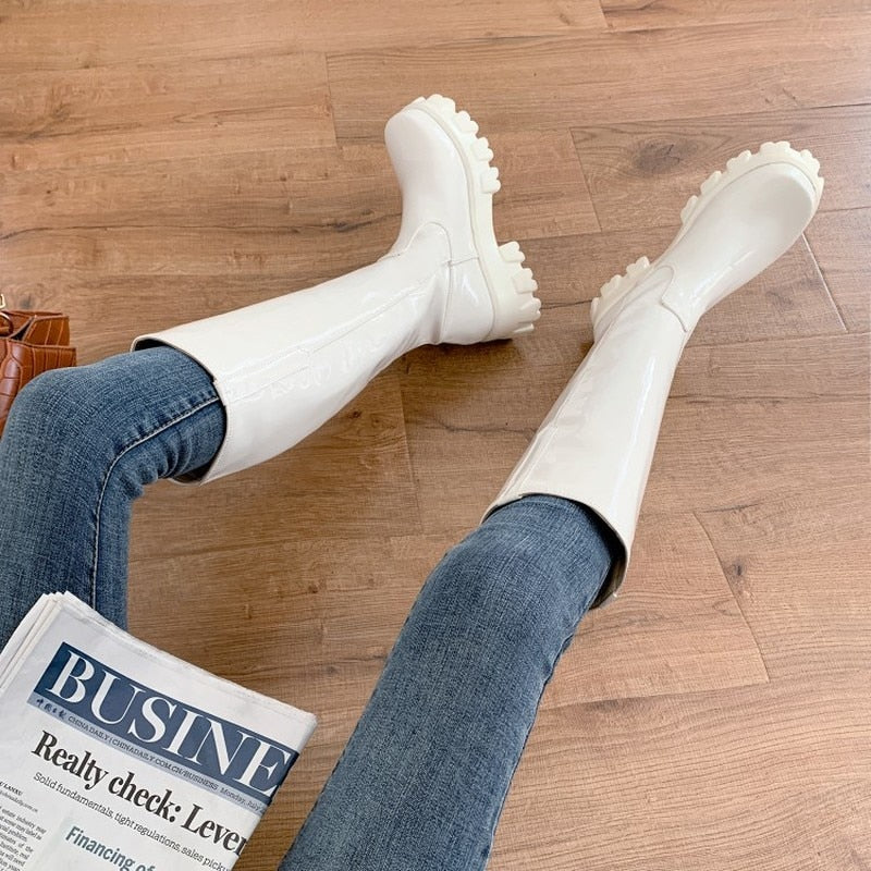 Bright Leather High Waterproof Platform Inner Heightened Round