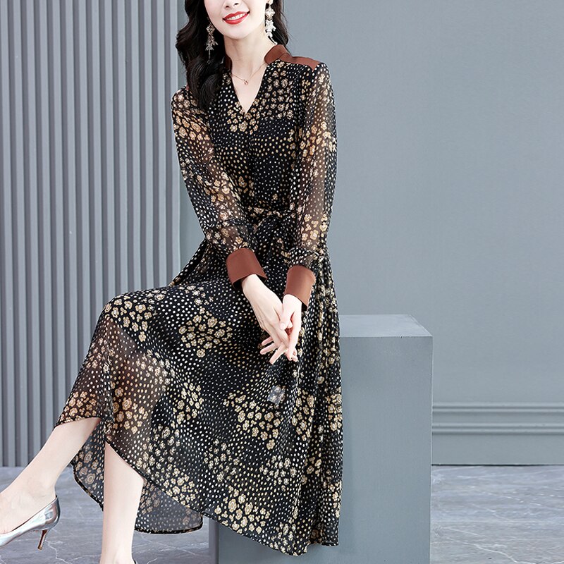 Black Floral Chiffon V-Neck Midi Dress