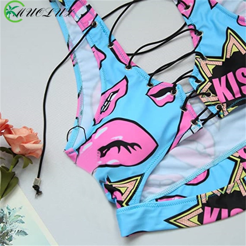 Lace Up Bandeau Push Up New African Print Thong