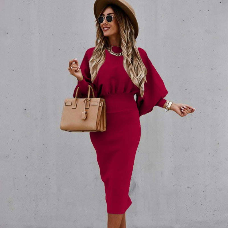 Women Fashion O-neck Lantern Long Sleeve Pencil Dress Autumn Winter