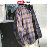 LAPPSTER Men Harajuku Color Block Plaid Shirt  Man Streetwear Fleece  Long Sleeve Vintage Korean Fashions