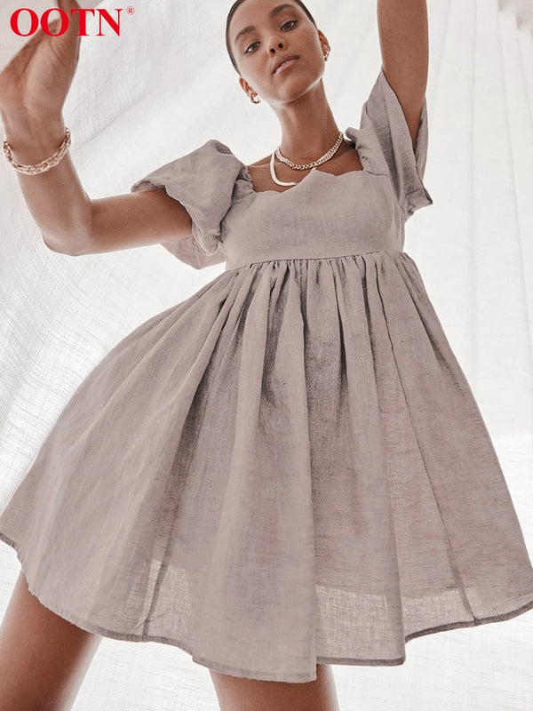 Vintage A-Line Puff Sleeve Dress: Square Collar Linen