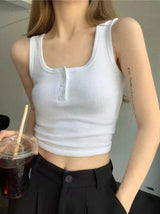 New Sexy Tank Top Button Ribbed Crop Tops