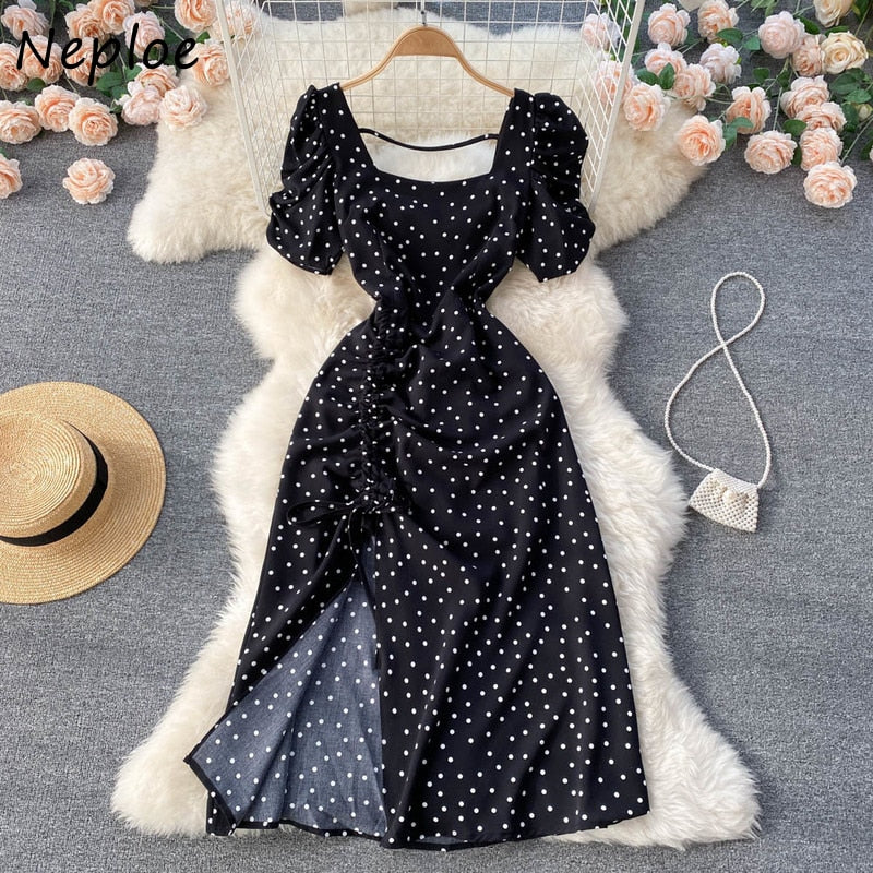 Square neck polka dot dresses  for women