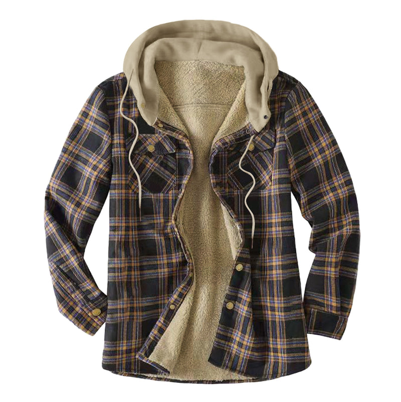 Casual Hooded Plaid  Flannel Shirt Jacket For  Winter Thick Velvet Lined
