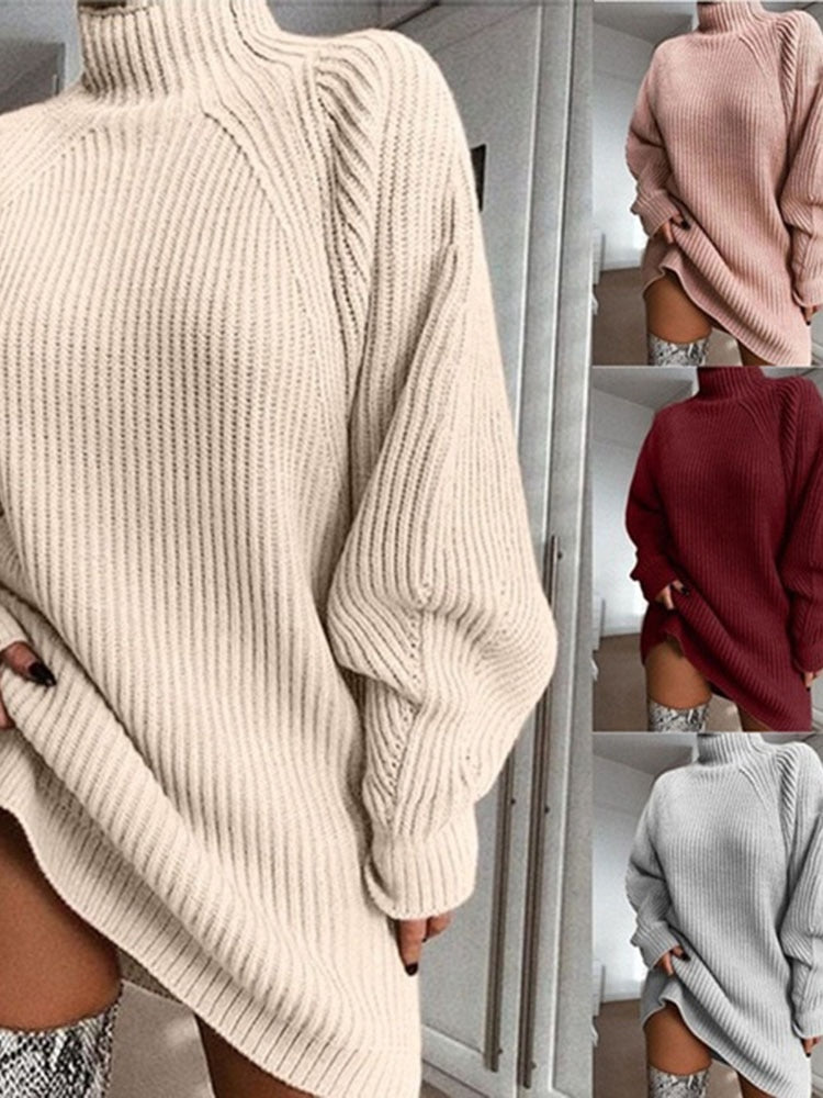 Women Turtleneck Oversized Knitted Dress Autumn Solid Long Sleeve