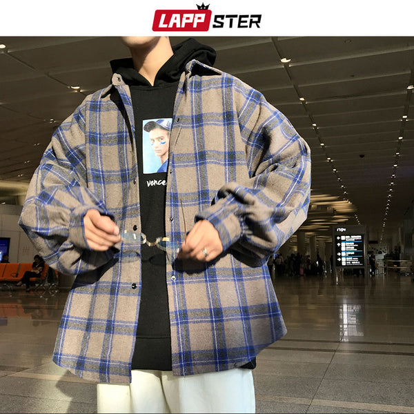 LAPPSTER Men Harajuku Color Block Plaid Shirt  Man Streetwear Fleece  Long Sleeve Vintage Korean Fashions