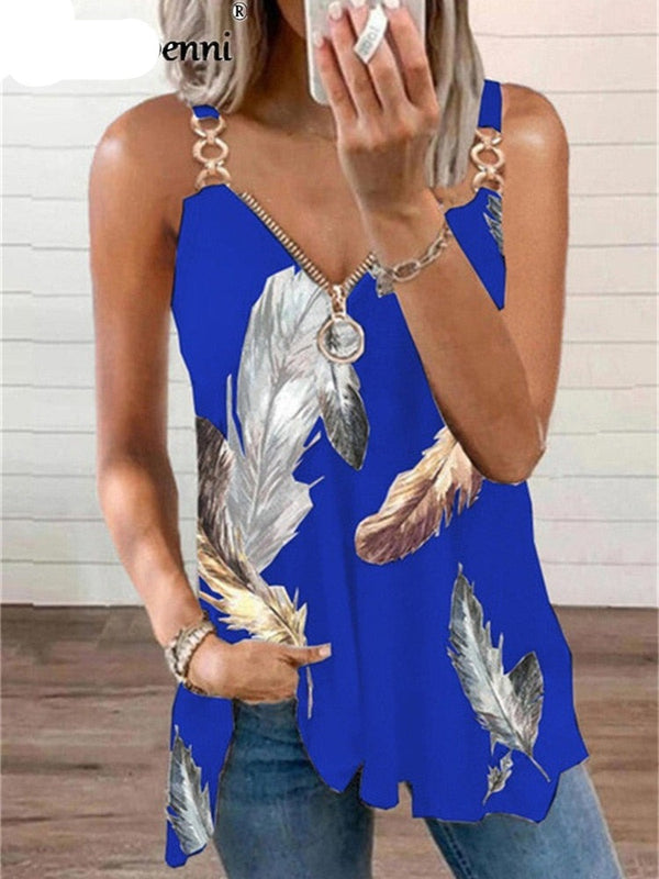 Women Summer Suspenders T Shirts Feather Printed Zipper V Neck