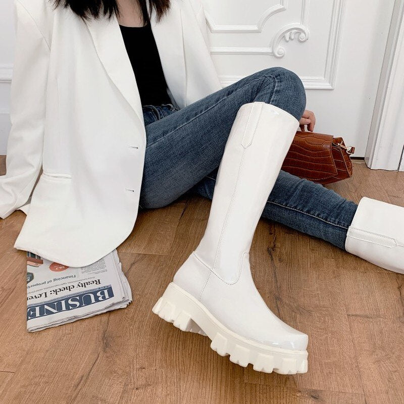 Bright Leather High Waterproof Platform Inner Heightened Round