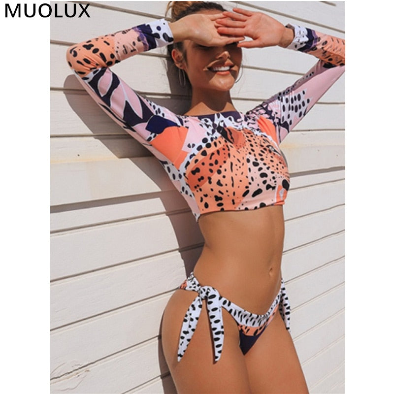 2023 Surfing Tiger Print  Bikini Set Long Sleeve