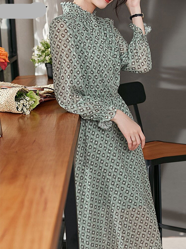 Elegant Vintage Plaid Chiffon Dress