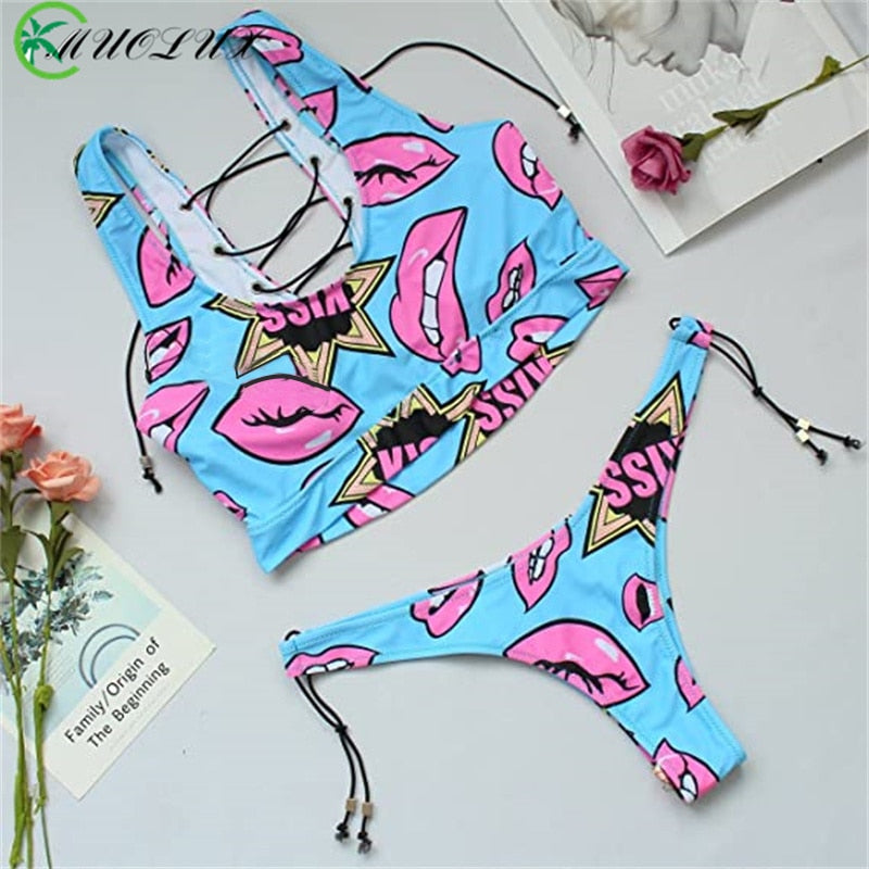 Lace Up Bandeau Push Up New African Print Thong