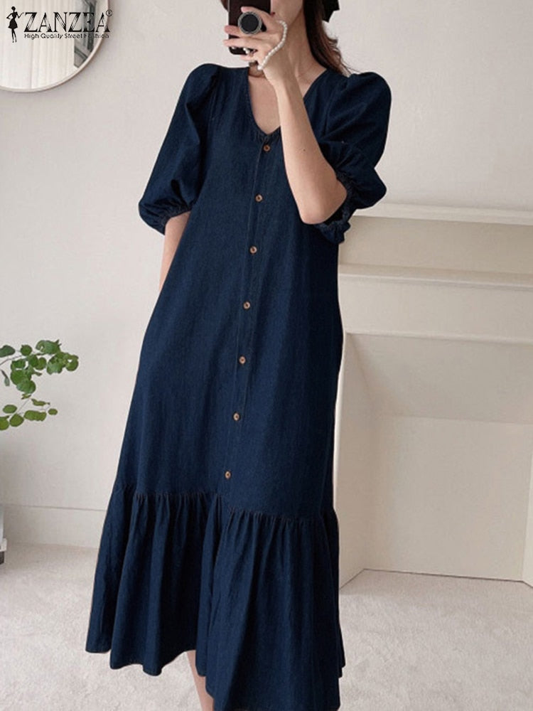 Oversized Vintage Denim Blue Ruffle Maxi Dress