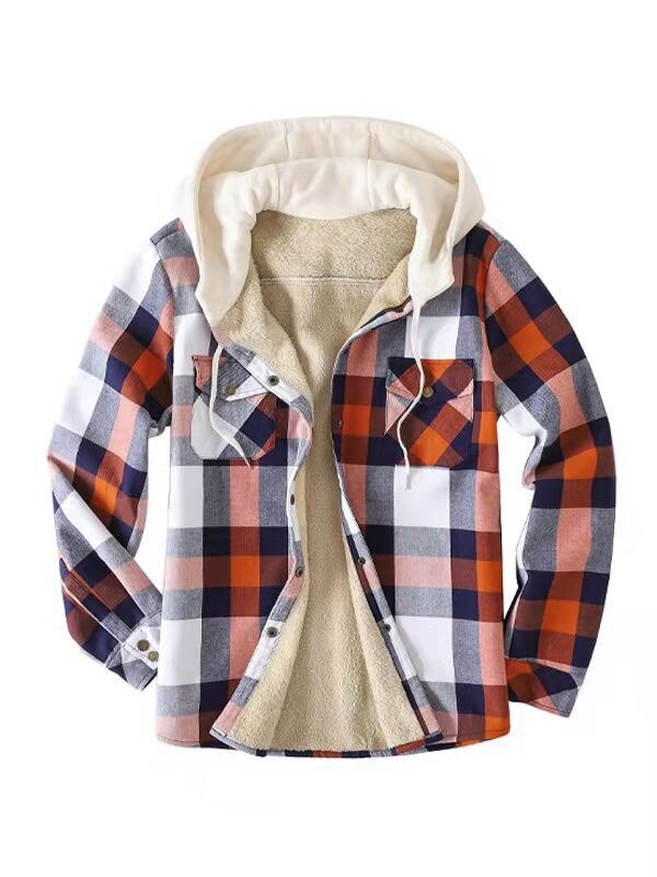 Casual Hooded Plaid  Flannel Shirt Jacket For  Winter Thick Velvet Lined
