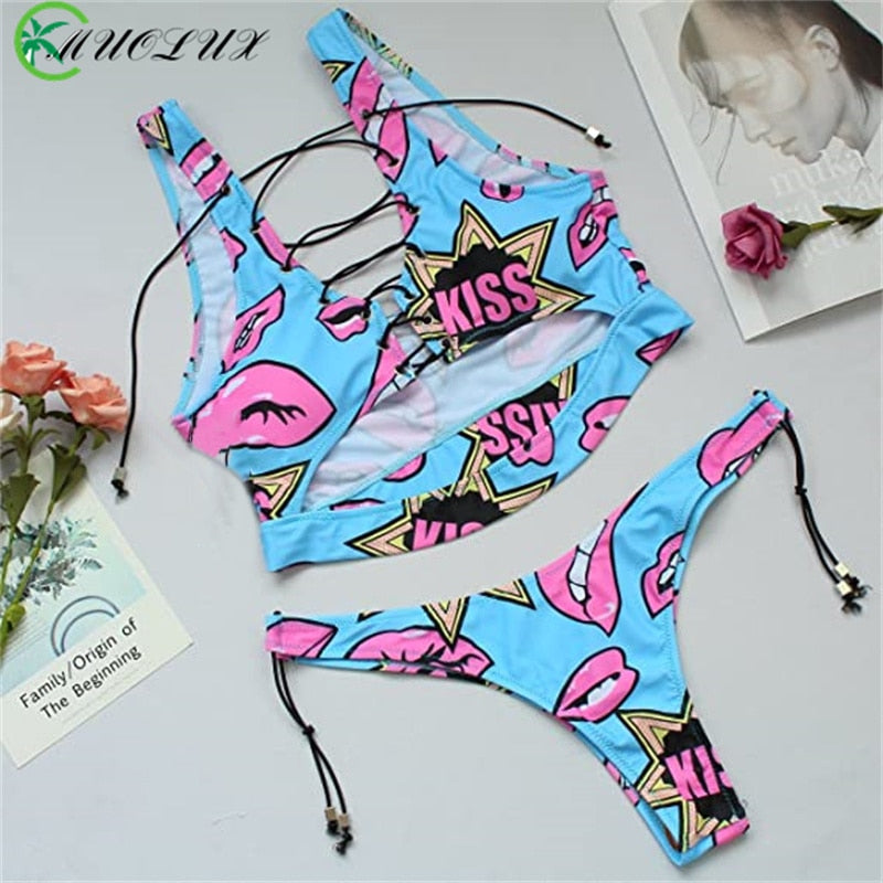 Lace Up Bandeau Push Up New African Print Thong