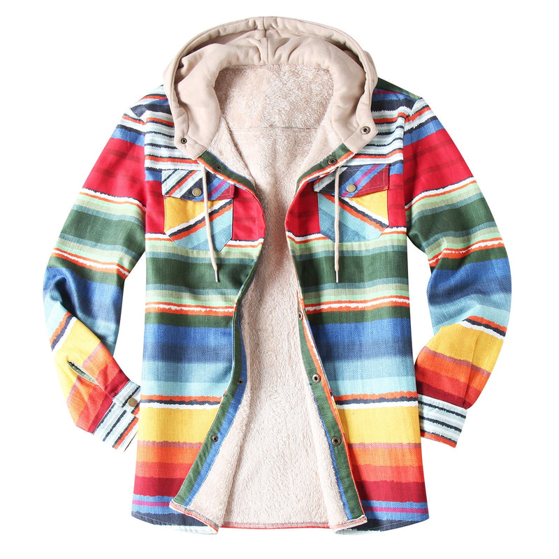 Casual Hooded Plaid  Flannel Shirt Jacket For  Winter Thick Velvet Lined