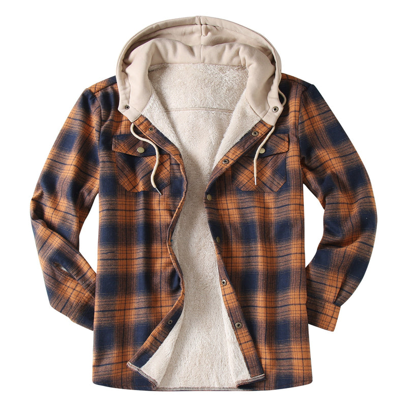 Casual Hooded Plaid  Flannel Shirt Jacket For  Winter Thick Velvet Lined