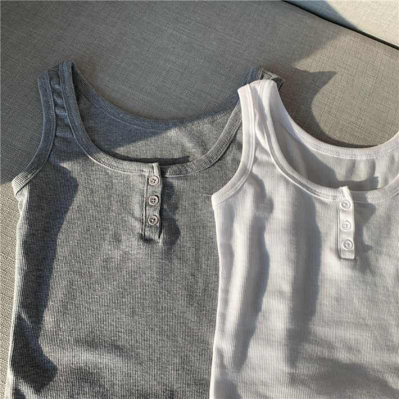 New Sexy Tank Top Button Ribbed Crop Tops