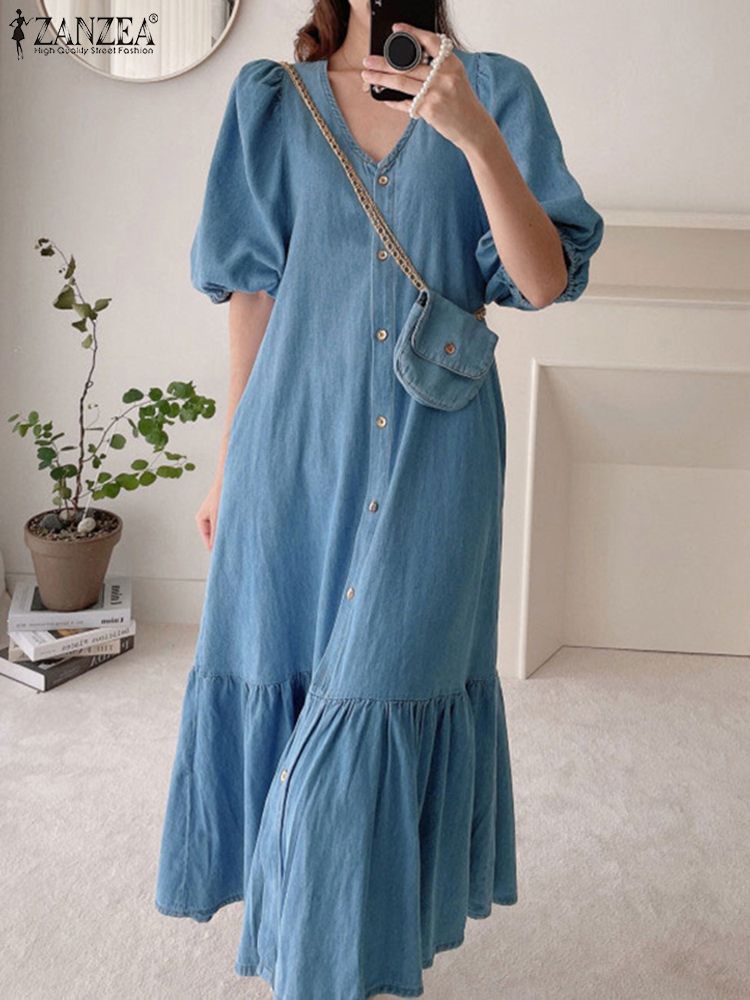 Oversized Vintage Denim Blue Ruffle Maxi Dress