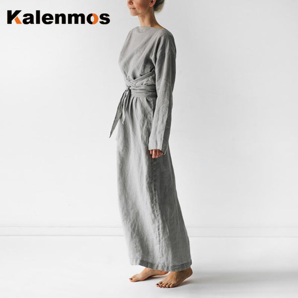 Cotton Casual O Neck Maxi Dress - Gray Solid Color