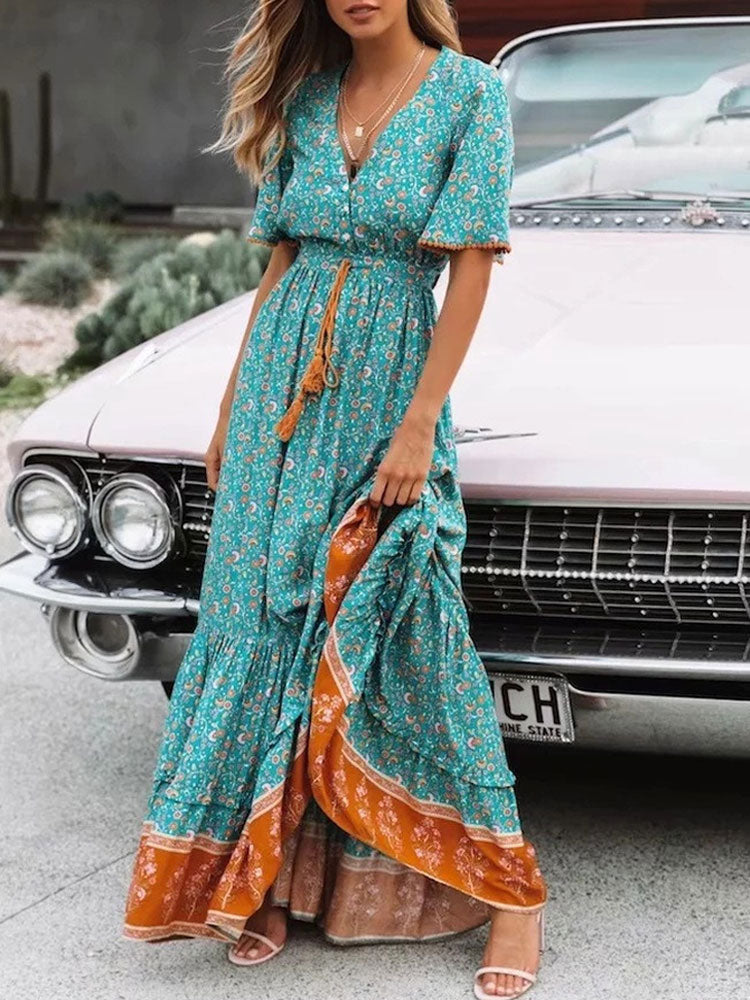 Bohemian Long Party Dress Ladies Viscose Floral Print Beach Dress