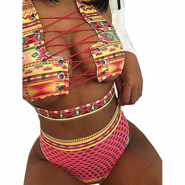 Lace Up Bandeau Push Up New African Print Thong