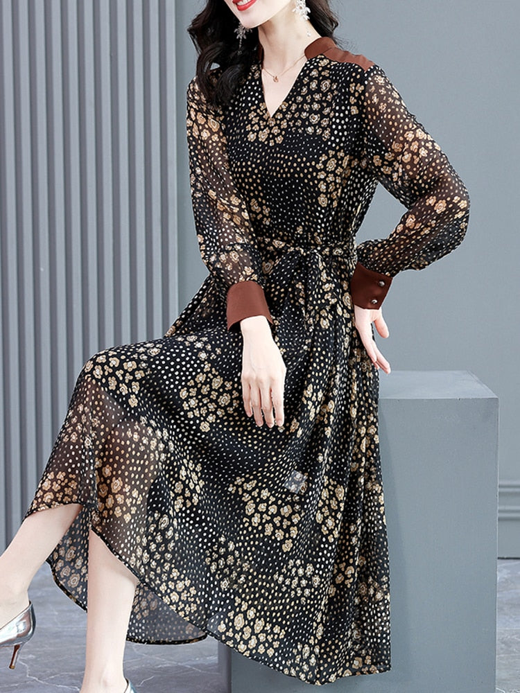 Black Floral Chiffon V-Neck Midi Dress