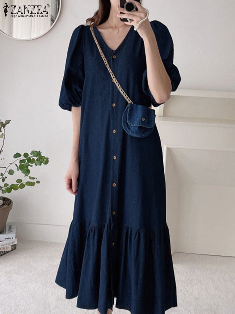 Oversized Vintage Denim Blue Ruffle Maxi Dress