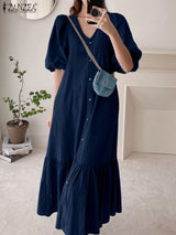 Oversized Vintage Denim Blue Ruffle Maxi Dress