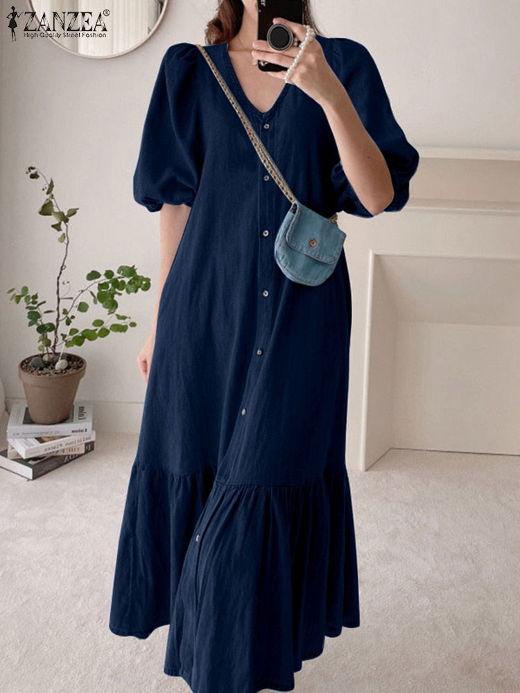 Oversized Vintage Denim Blue Ruffle Maxi Dress