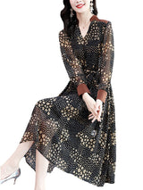 Black Floral Chiffon V-Neck Midi Dress