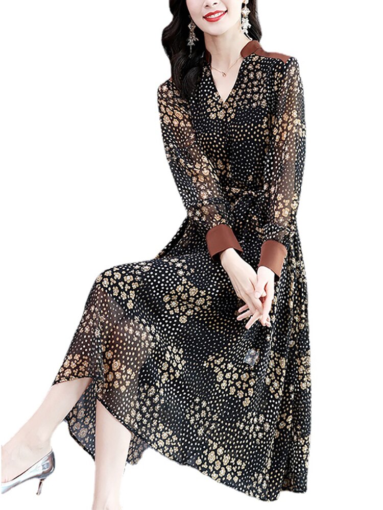 Black Floral Chiffon V-Neck Midi Dress