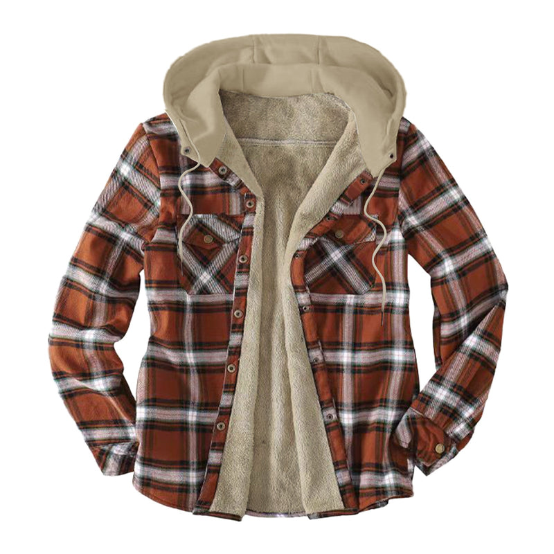 Casual Hooded Plaid  Flannel Shirt Jacket For  Winter Thick Velvet Lined