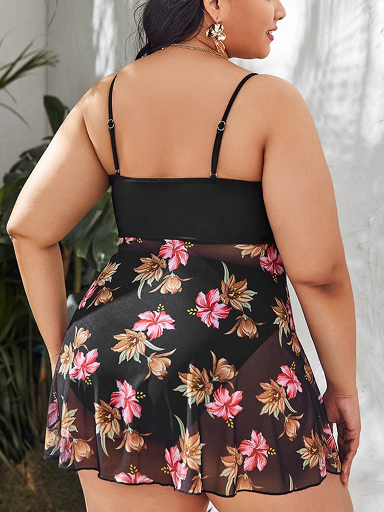Two Piece Laced Bandeau Push Up Mesh Swimdress  With Skirt