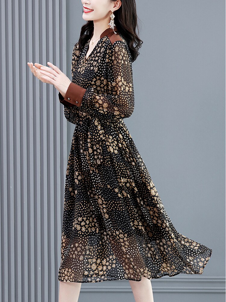 Black Floral Chiffon V-Neck Midi Dress