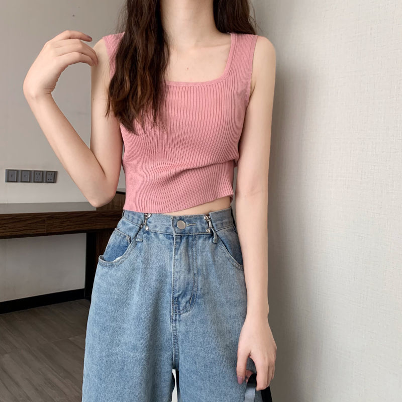 New Tank Top Solid Halter Crop Tops Women