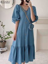 Oversized Vintage Denim Blue Ruffle Maxi Dress
